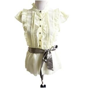 Dimri Y2K Yellow Ruffled Button Front Blouse Satin Tie Sash Size Medium Sheer
